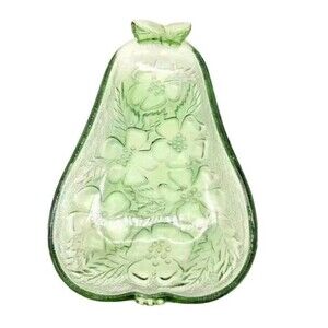 Vintage Hazel Atlas Pear Shaped Green Floral Dogwood Embossed Glass Candy Dish